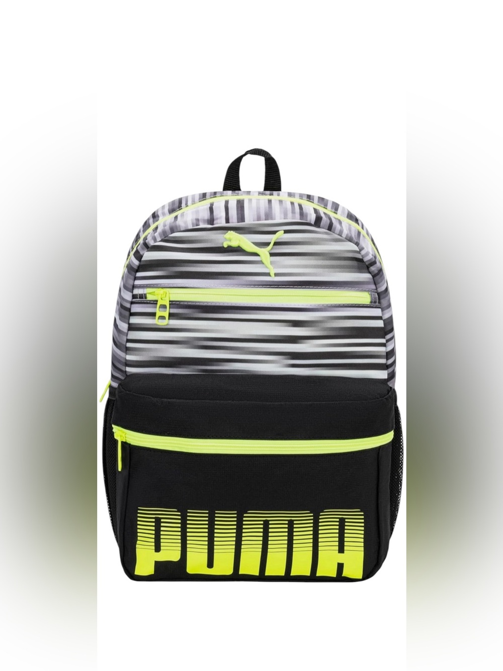 Puma Kids Meridian Black Backpack with Neon Yellow Accents and Striped Gray